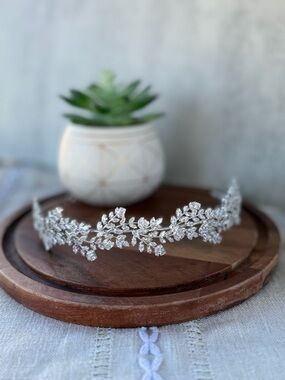 Silver Crystal Leaf Tiara Headband - Elegant Bridal Accessory